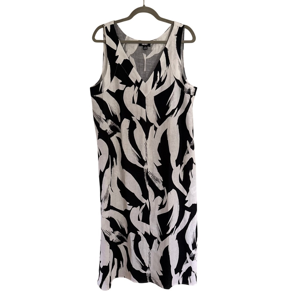 DKNY Linen Blend Abstract Brushstroke Midi Shift Dress Resort Vacation Beach